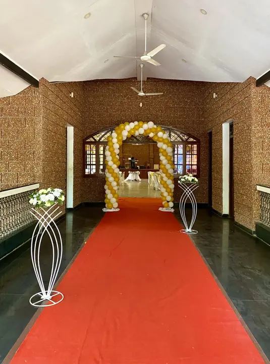 Red-carpet entrance with a balloon arch